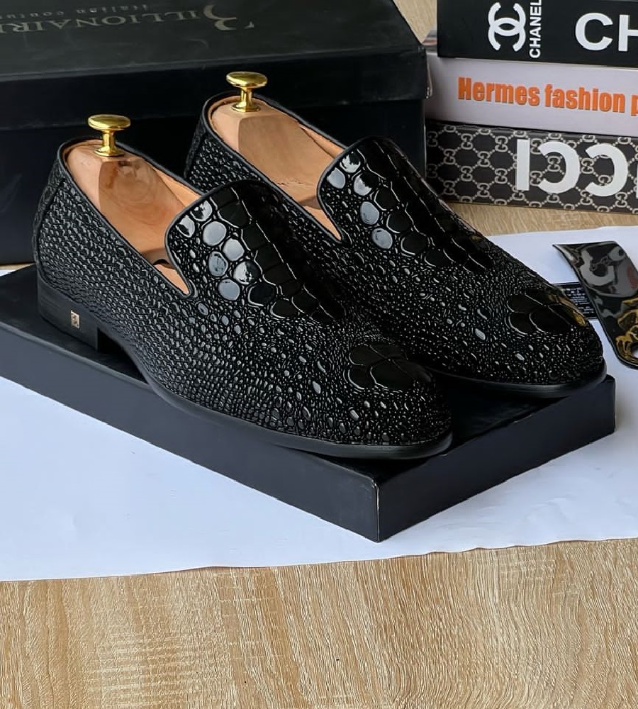 Black Men's Leather Oxford Croc Skin Shoe